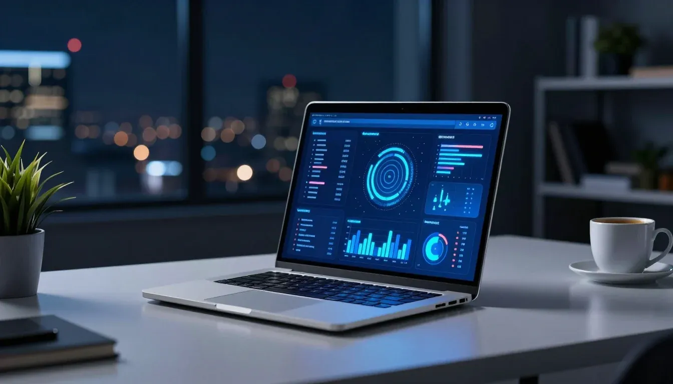 Portátil sobre un escritorio mostrando un panel de analítica en una oficina nocturna