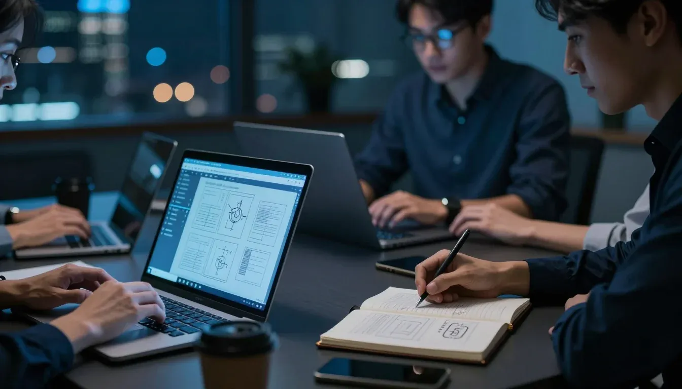 Equipo de desarrollo colaborando en una oficina con portátiles y bocetos